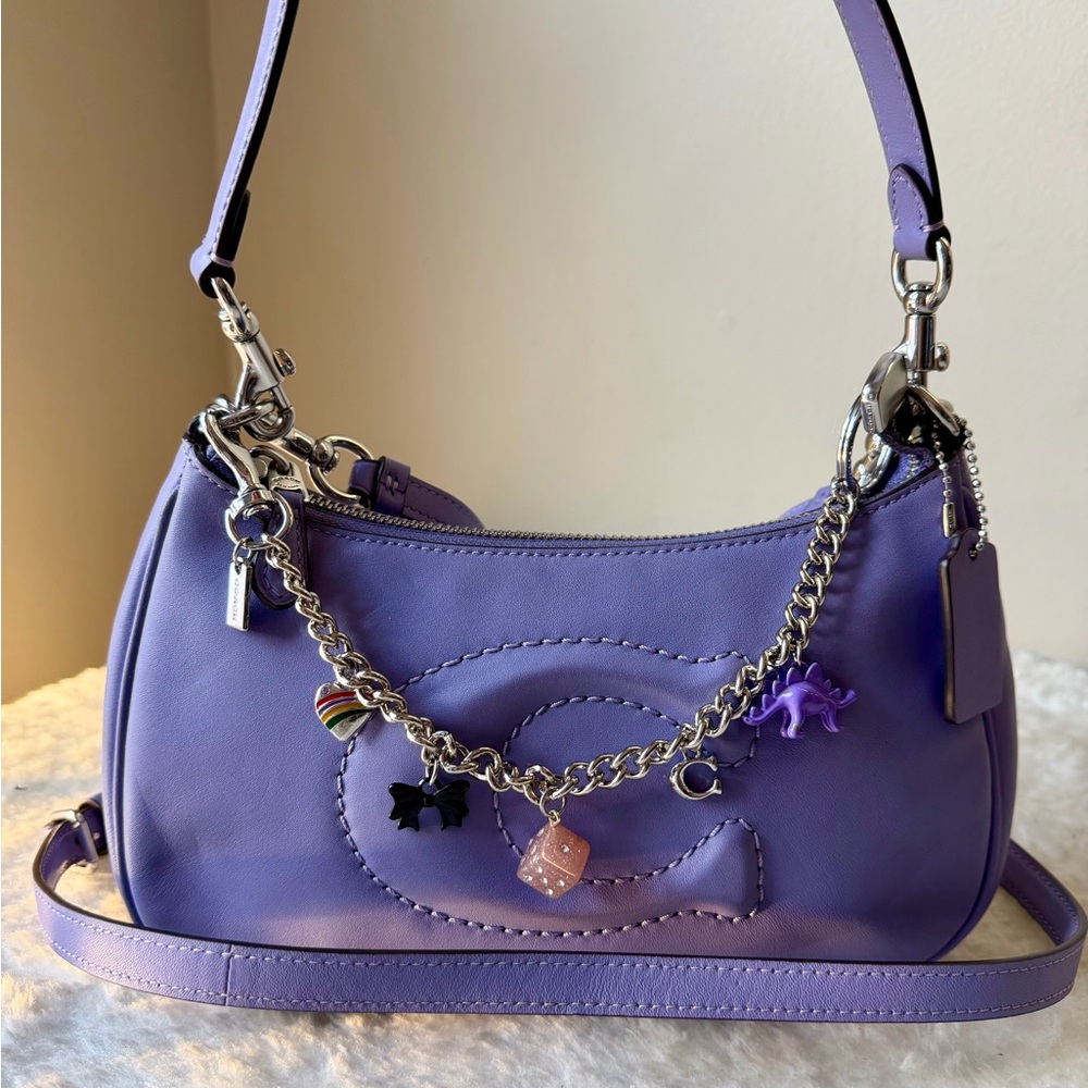 Coach Teri Shoulder leather Bag Silver/Violet with chain charm